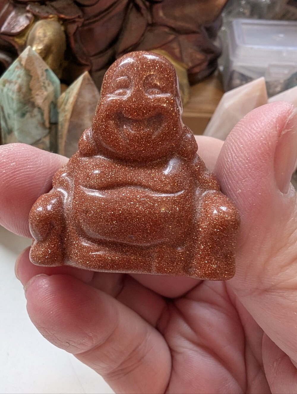 Hand Carved Sparkling Polished Goldstone Laughing Buddha